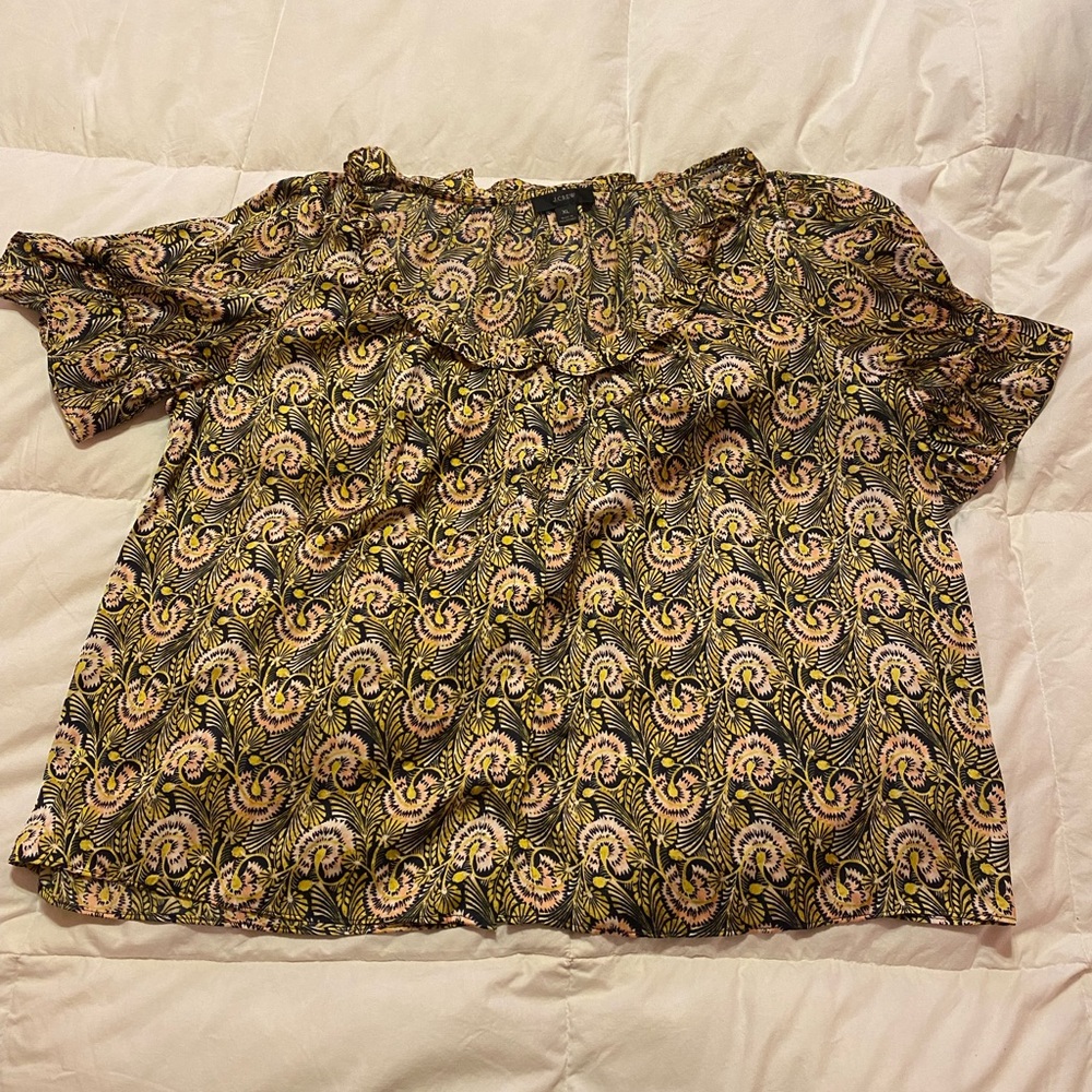 J Crew Ruffle featherweight satin scoopneck top in dandelion swirl